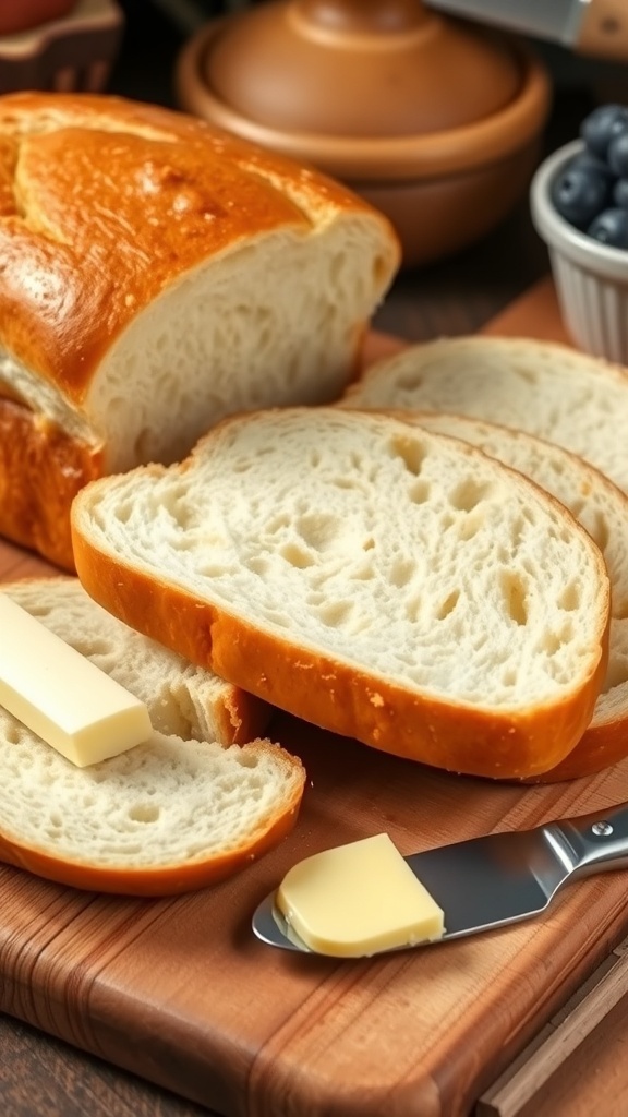 Freshly baked sandwich bread loaf on a cutting board, sliced to show soft texture, with butter and knife.